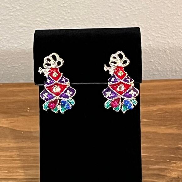 Christopher Radko Christmas Tree Earrings Enamel Holiday Jewelry Signed - Picture 1 of 6